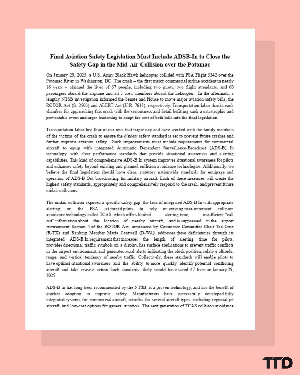 TTDAFLCIO's tweet photo. POLICY STATEMENT: Lawmakers must work together to pass an aviation safety bill of the highest standard, which includes integrated ADSB-In technology. 

Preventing future collisions and saving lives is a no-brainer. https://t.co/nLgQcMKYxm https://t.co/1yzTMkuAz5
