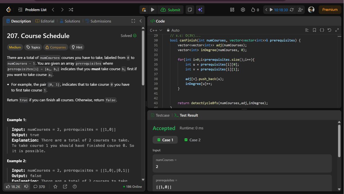 _ACE_77_'s tweet photo. 💻DSA Practice — Day 201
Continued my Graph journey 🚀
✅Course Schedule I
✅Course Schedule II
Great practice with Topological Sort, cycle detection, and dependency graphs. The graph patterns are finally starting to click! 🧠🔥
🔗Profile: https://t.co/YjFKygtY6o
#LeetCode #DSA🚀 https://t.co/IrPoBk6oWl