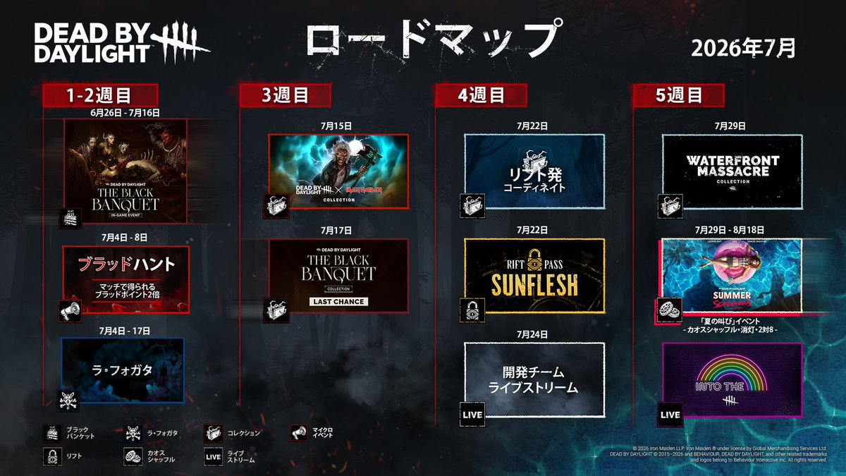 dbd_kamigame's tweet photo. 💥7月のロードマップが公開！💥

DbDの7月の予定です

アイアンメイデンコラボ
新リフトパス配信開始
公式配信
新イベント「夏の叫び」
カオスシャッフル
2対8
消灯
リフトスキンのストア追加
etc…

▼26年7月のロードマップと今後のアプデ内容 
https://t.co/W9L4LeIAPO 
#DbD