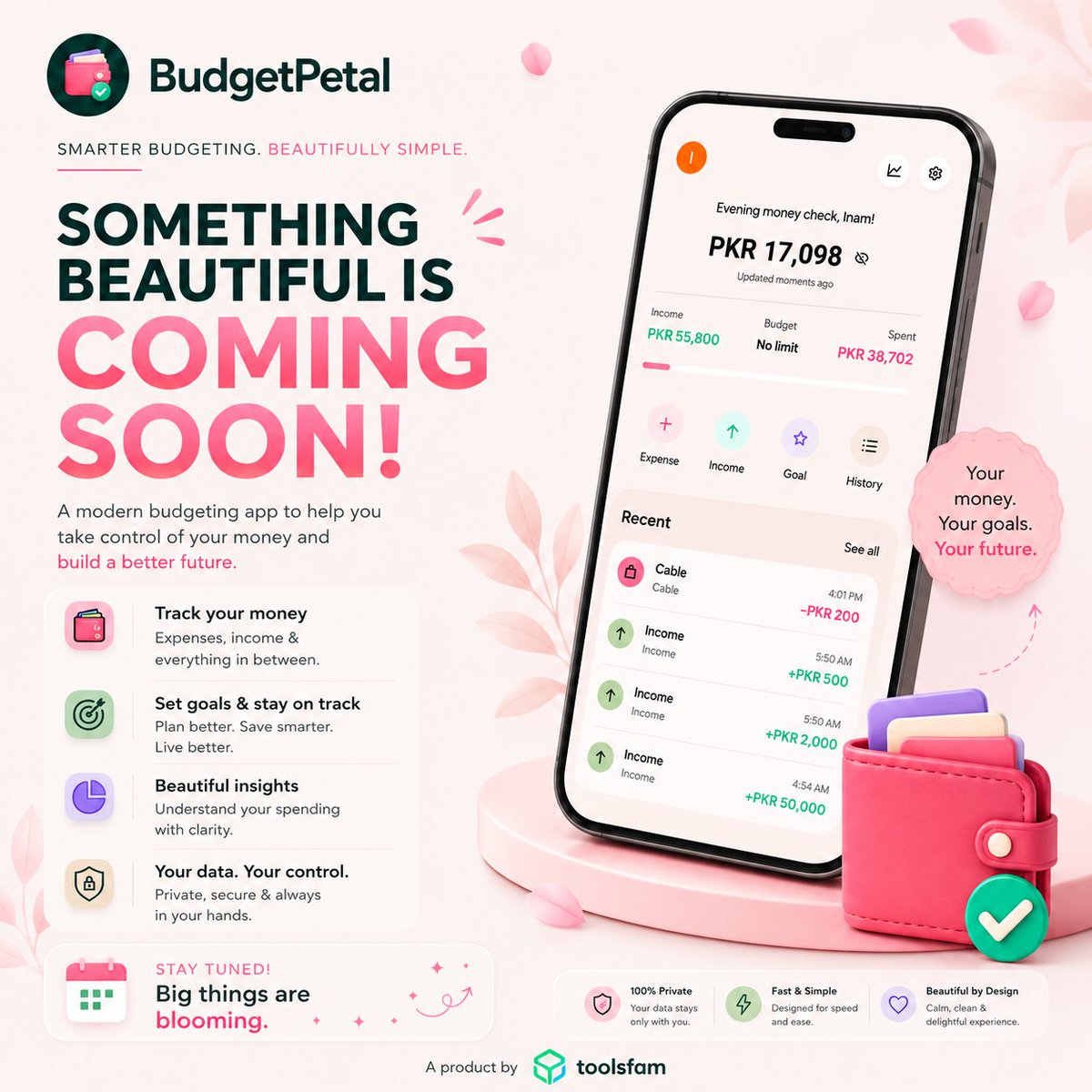 Toolsfam's tweet photo. πΈMeet BudgetPetal.
A simple budgeting app to track expenses, understand your spending, and stay in control of your money.
β¨ Fast β’ π Private β’ π Simple
Launching soon under the ToolsFam family.
#BudgetPetal #PersonalFinance #ExpenseTracker #ToolsFam https://t.co/ZELkZw2NSG