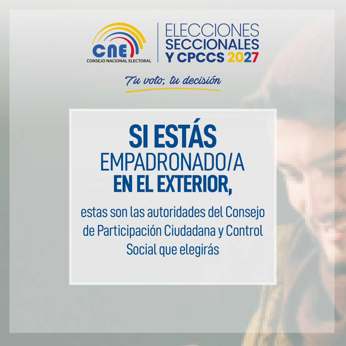 EmbajadaEcuPan's tweet photo. 🇪🇨🌐 ¡Desde donde te encuentres, tu participación fortalece la democracia del #Ecuador!

➡️ El domingo 2⃣9⃣de noviembre elegirás 7⃣ autoridades en la #ElecciónCPCCS2027.
➡️ Conoce toda la información en los canales oficiales del Consejo Nacional Electoral.
¡Tu voto, tu decisión! https://t.co/Zcg6gDynfV