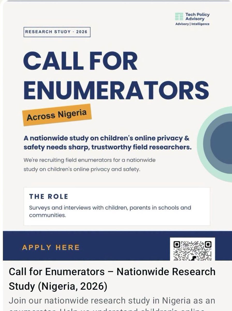 musa_kiliya's tweet photo. Nationwide Opportunity Alert!

Tech Policy and Advisory is Recruiting Enumerators
Position: Enumerators
Location: Nationwide (All 36 States, FCT &amp; 774 LGAs)
Duration: 3 Weeks
Start Date: 27th July – 14th August 2026
Deadline: 15th July 2026

https://t.co/LYrsnInY06 https://t.co/EAmN7lusUa