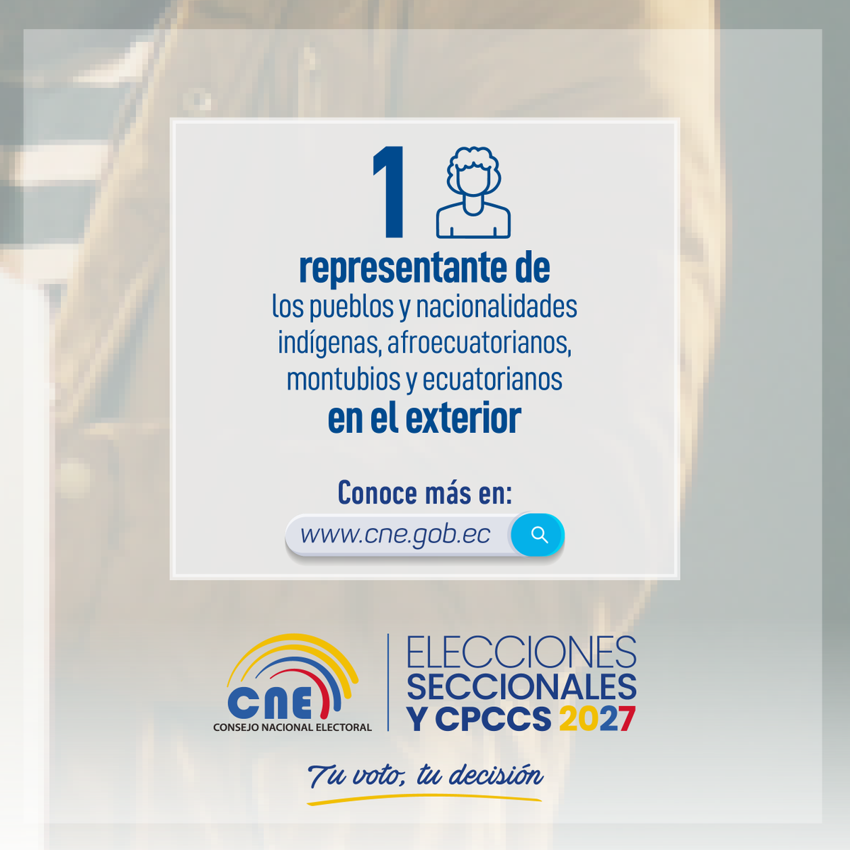 EmbajadaEcuPan's tweet photo. 🇪🇨🌐 ¡Desde donde te encuentres, tu participación fortalece la democracia del #Ecuador!

➡️ El domingo 2⃣9⃣de noviembre elegirás 7⃣ autoridades en la #ElecciónCPCCS2027.
➡️ Conoce toda la información en los canales oficiales del Consejo Nacional Electoral.
¡Tu voto, tu decisión! https://t.co/Zcg6gDynfV