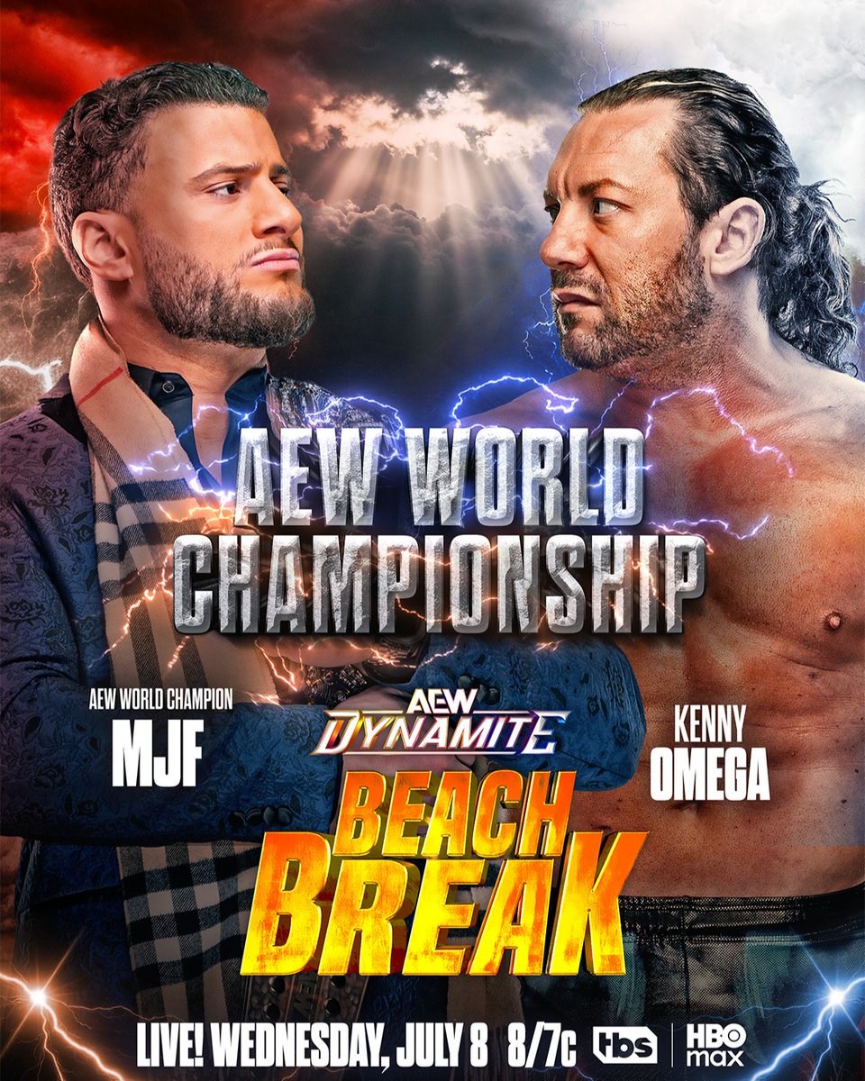 AEWonTV's tweet photo. Beach Break is BACK as #AEWDynamite brings you one of the biggest cards of 2026 headlined by an AEW World Title clash between MJF and Kenny Omega!

Will Omega reclaim the throne or will he never challenge for the Title again?

#AEWDynamite is LIVE this Wednesday at 8/7c on TBS and HBO Max