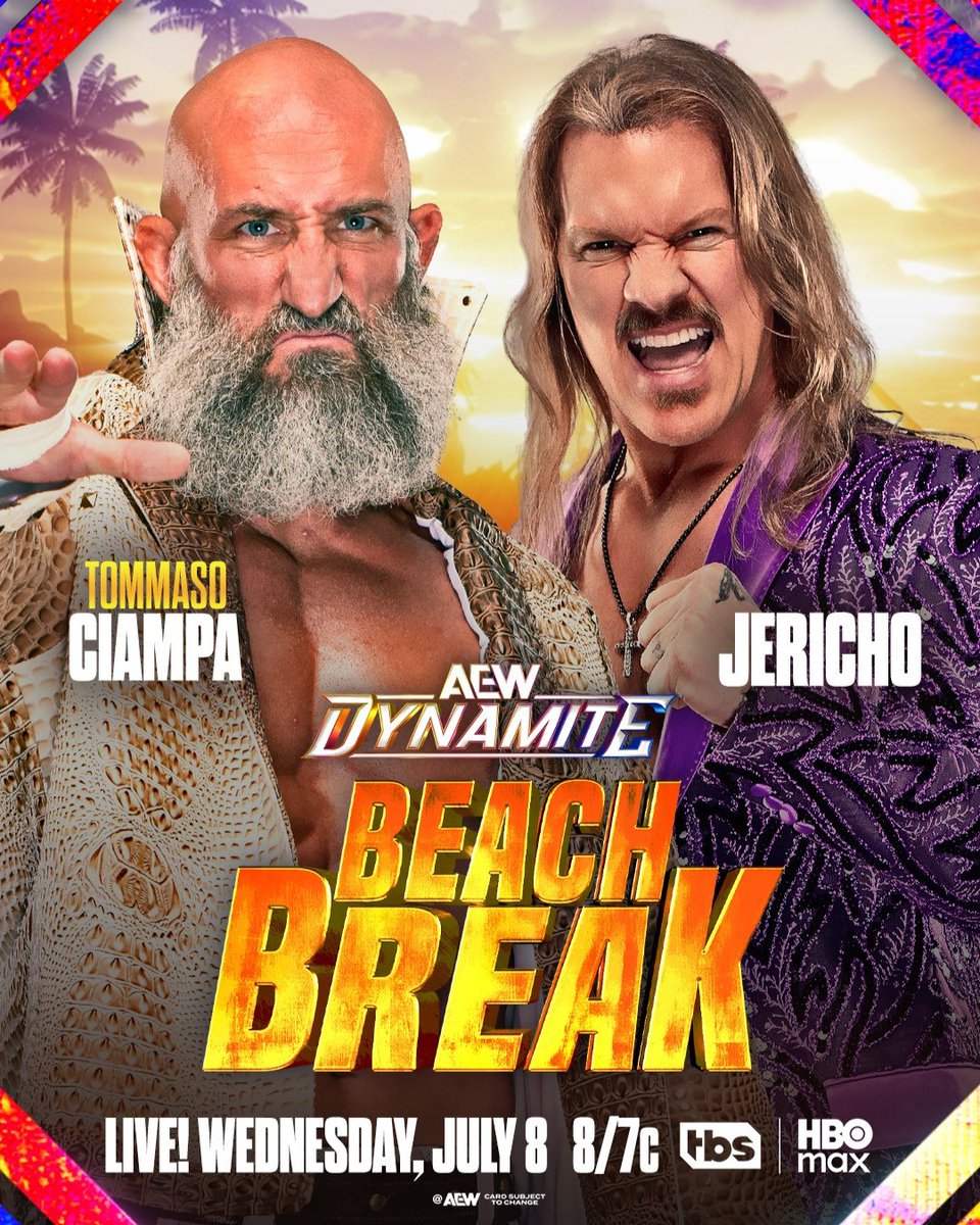 AEWonTV's tweet photo. Beach Break is BACK as #AEWDynamite brings you one of the biggest cards of 2026 headlined by an AEW World Title clash between MJF and Kenny Omega!

Will Omega reclaim the throne or will he never challenge for the Title again?

#AEWDynamite is LIVE this Wednesday at 8/7c on TBS and HBO Max