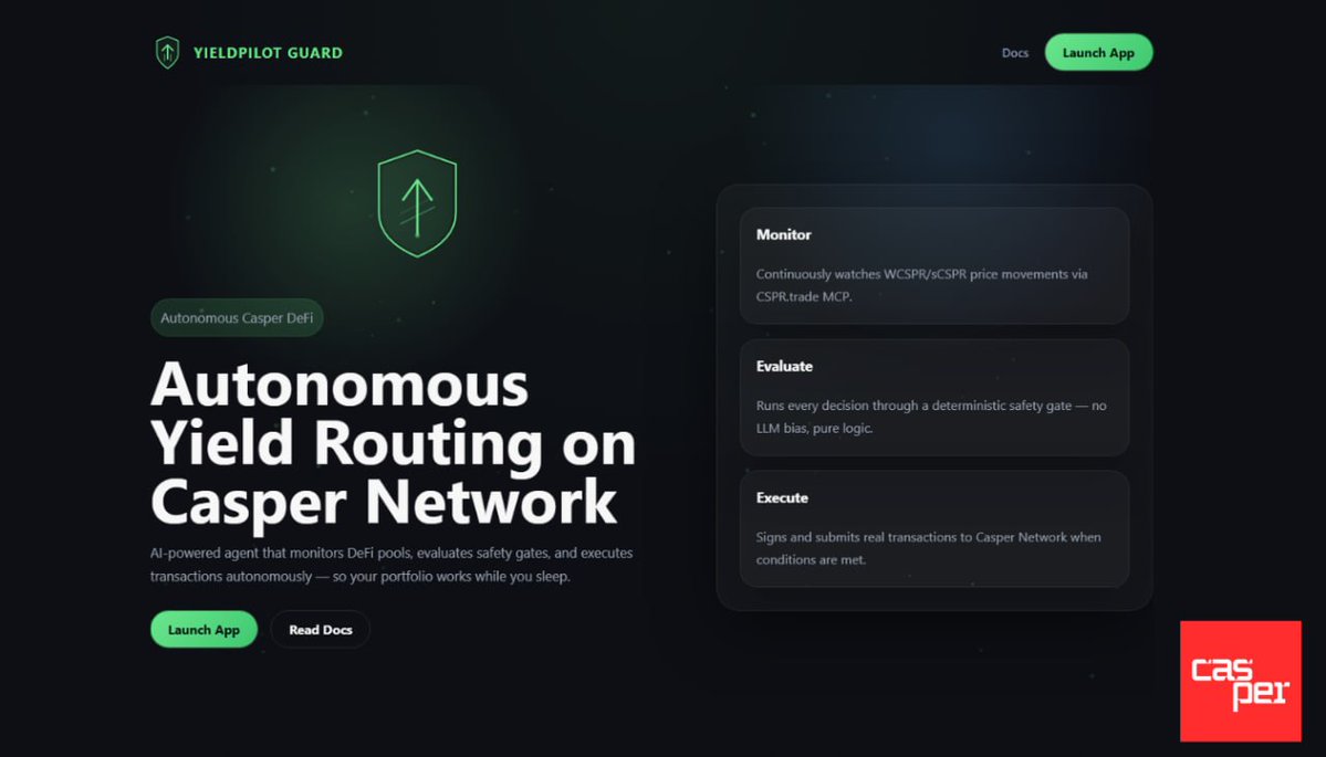 yieldpilotguard's tweet photo. YieldPilot Guard was just submitted to the @CasperNetwork Agentic Buildathon

An autonomous yield routing agent that:
→ Monitors Casper DeFi pairs via MCP
→ Gates every trade with deterministic code
→ Commits SHA-256 decision hashes before acting
→ x402 micropayment aware https://t.co/i8IxMNDG6s