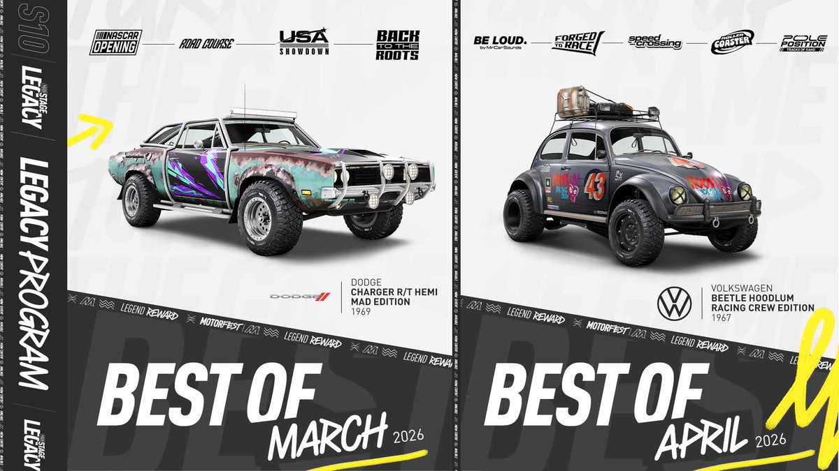 TheCrewGame's tweet photo. 2 Main Stage Legacy are dropping today in #TheCrewMotorfest!

🏎️ March 2026 Main Stage Legacy
🎙️ April 2026 Main Stage Legacy https://t.co/bCn5CwL9YO