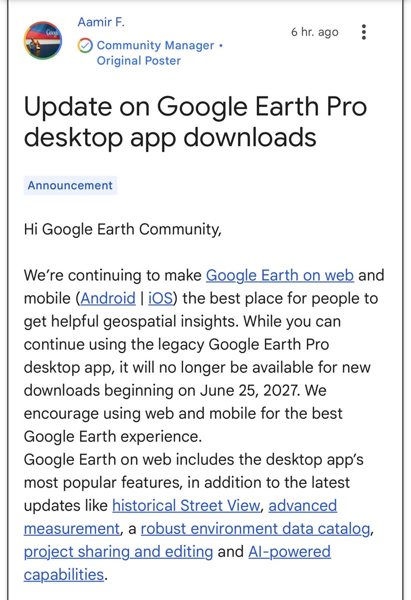 BenDoBrown's tweet photo. For all of my geolocation friends out there, while it’s scheduled for next year, it is sad to hear Google Earth Pro desktop will no longer be available for download. 

It truly has been a brilliant free product. https://t.co/UYSgU3BLwg