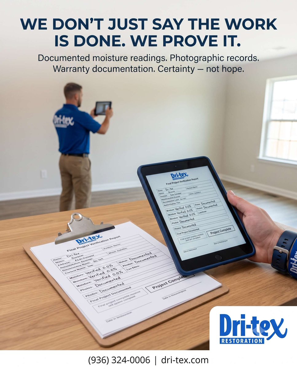 RestobyDRI_TEX's tweet photo. Every Dri-Tex reconstruction ends with documented moisture readings, photographic records, and warranty documentation. So when we say your home is safe, you have proof in hand, not just our word. https://t.co/KsxB7oc9j1. (936) 324-0006. https://t.co/qfyKclmkDu
