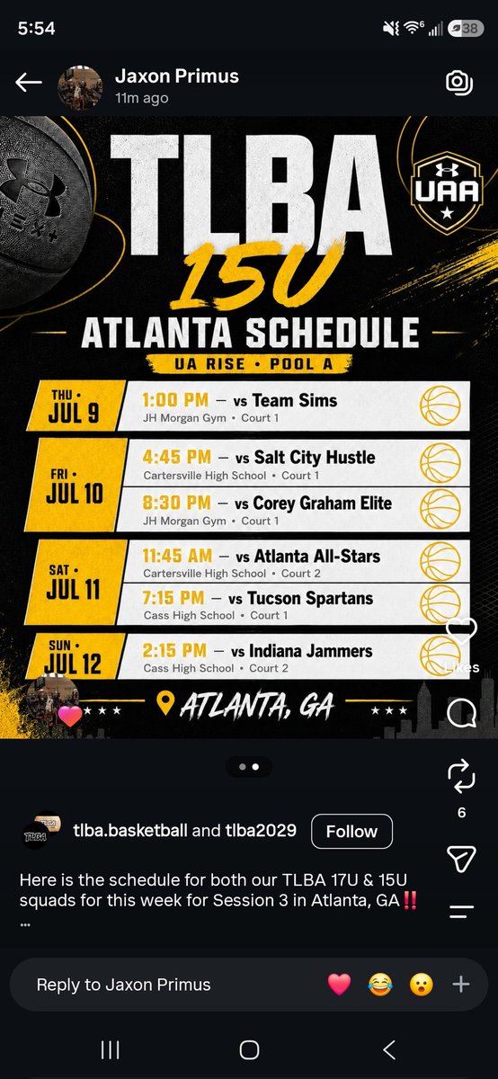 coachmark423's tweet photo. Coaches!!! @JaxonPrimus10 will be picking up with TLBA in Session 3 of the UAA Rise for the Live Period in Atlanta. This is his schedule for this upcoming weekend.#LeaveNoDoubt #RiseAsOne #Live #Period @AndrewForce8  @CoachGabe10 @ChattEliteKT @coach_g423 @mosesk225 @PrepHoopsTN https://t.co/KUu7T7dkua