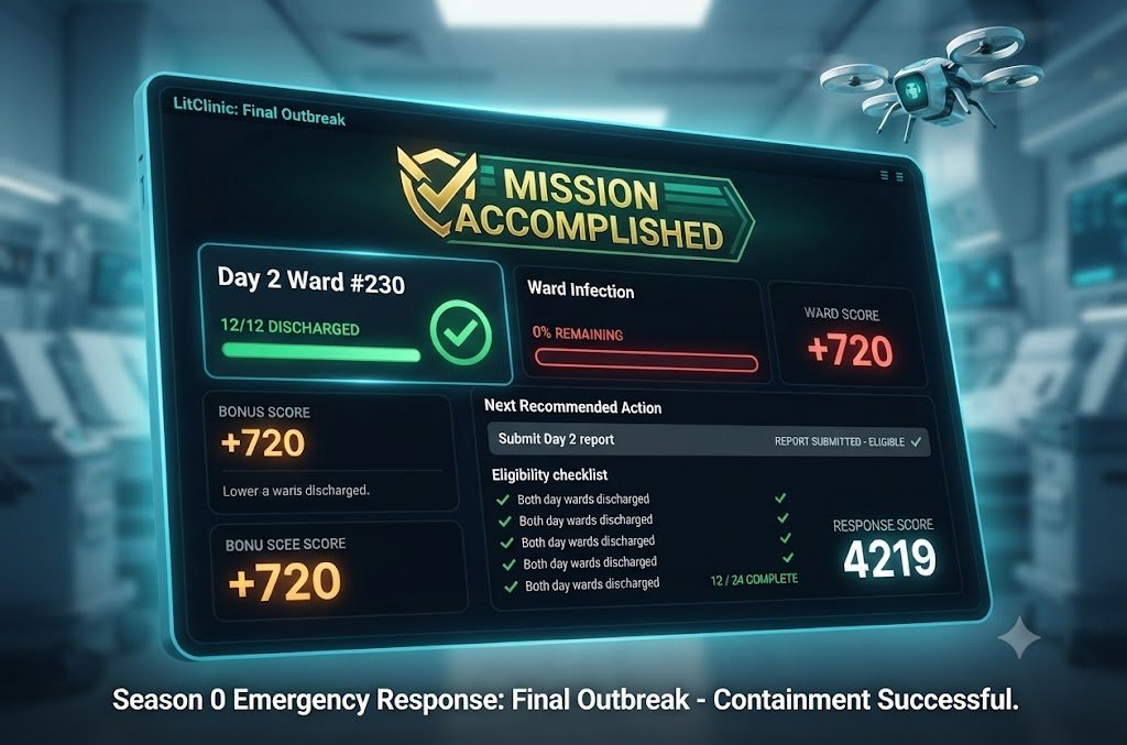 Konoput's tweet photo. Mission accomplished! π©Ίβ
Treated all 12 patients in Ward #230 and contained the #GlitchFever in @LitClinicxyz Day 2 Report submitted-ready for the snapshot! π
Intense emergency response! Letβs see the leaderboard. π₯
#LitClinic #FinalOutbreak #Season0 #LitecoinVM #LTC #Crypto https://t.co/0EAO27MgRb