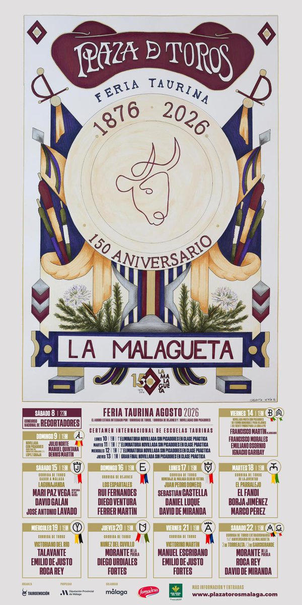 diputacionMLG's tweet photo. 🐂 Morante, Roca Rey, Fortes, David de Miranda y Emilio de Justo, protagonistas de la feria del 150 aniversario de La Malagueta.

🎟️ El abono está integrado por 7 corridas de toros, 2 novilladas con picadores y 1 corrida de rejones, y fuera de abono estará el Concurso Nacional de Recortadores.

🪭La feria incluye el Certamen Internacional de Escuelas Taurinas de Málaga, compuesto por 4 novilladas sin picadores en clase práctica con entrada gratuita, y corridas extraordinarias como la de Sabor a Málaga, la de Homenaje al Málaga C.F. y la Corrida de la Juventud.

📊 Se ha encargado un informe para estudiar el impacto económico de esta feria con el fin de potenciar el turismo taurino.