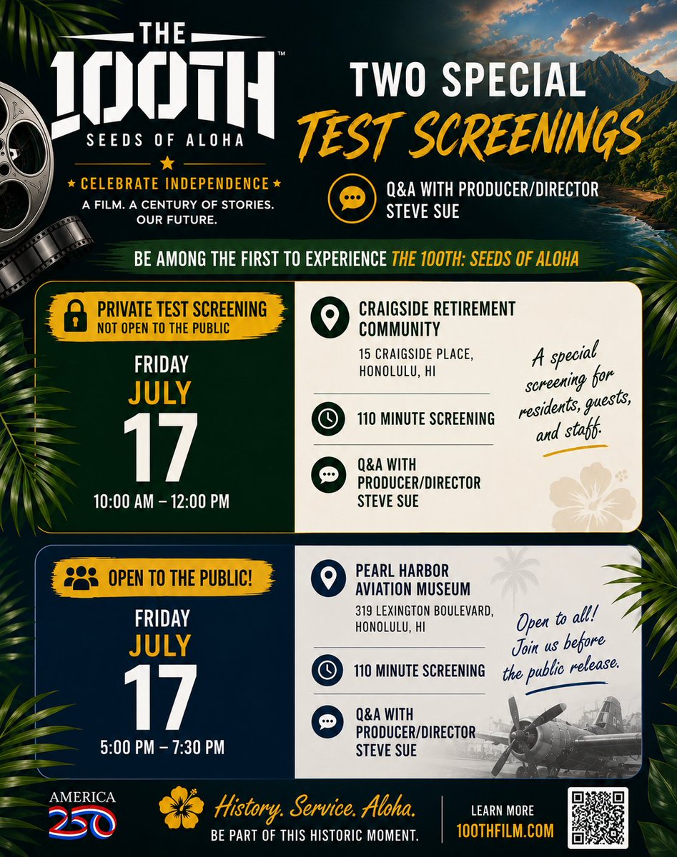 globalalohaorg's tweet photo. 🎬 Be among the first to experience THE 100TH: Seeds of Aloha at a special public test screening July 17, 5 PM at Pearl Harbor Aviation Museum, followed by a Q&amp;A with Steve Sue.

Learn more: https://t.co/loA0v0uiII

#The100thFilm #SeedsOfAloha #HonoluluEvents https://t.co/rDK8SW5I0p