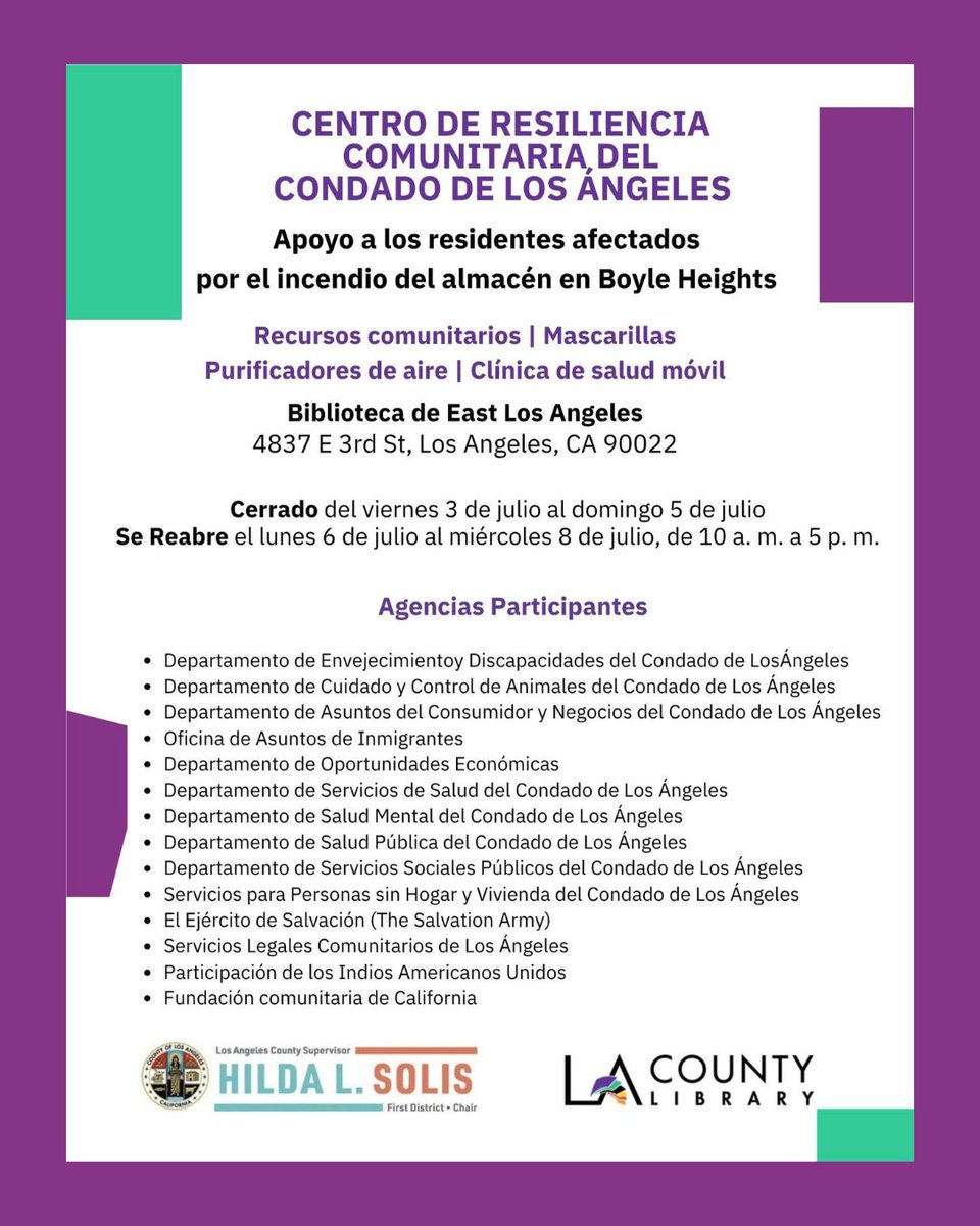 EconOppLA's tweet photo. Updated Schedules for Lineage Fire Community Resilience Centers 

Check back here for additional days and hours as well as resources at: https://t.co/tqglHgYpXc. https://t.co/4UgplO9SQr