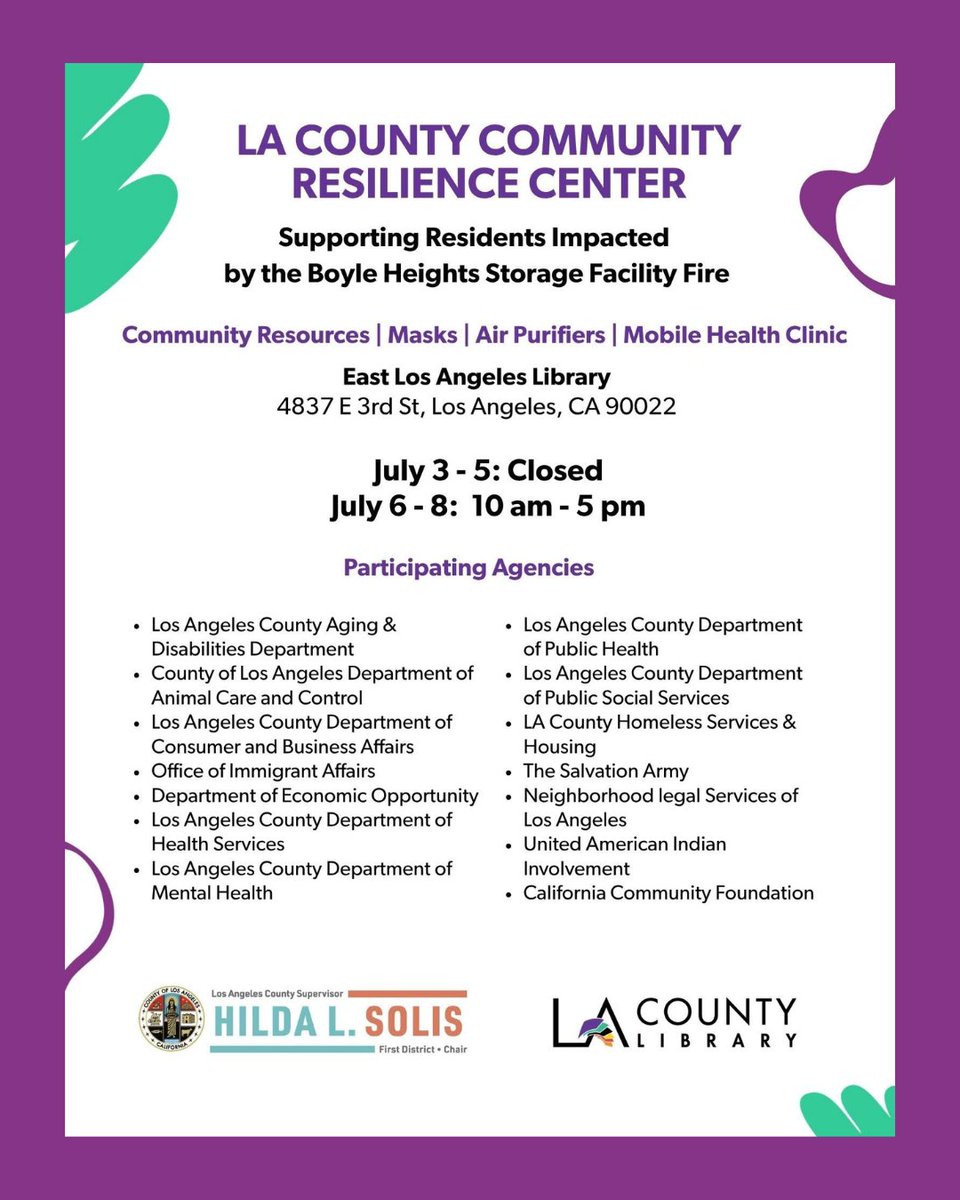 EconOppLA's tweet photo. Updated Schedules for Lineage Fire Community Resilience Centers 

Check back here for additional days and hours as well as resources at: https://t.co/tqglHgYpXc. https://t.co/4UgplO9SQr