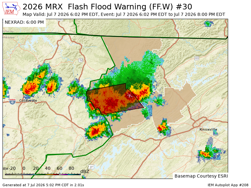 ETSKYWARN's tweet photo. MRX issues Flash Flood Warning [flash flood: radar indicated] for Anderson, Morgan, Scott [TN] till Jul 7, 8:00 PM EDT https://t.co/d40rQrQLWL https://t.co/iH5ZIEORY5