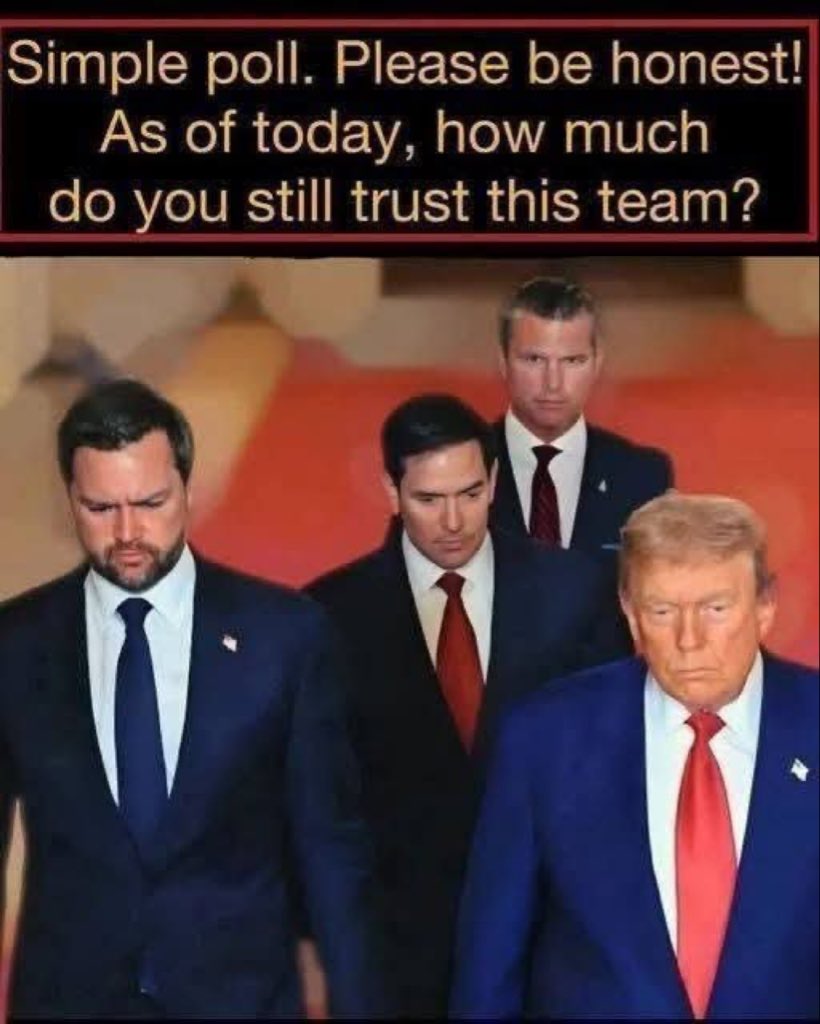 IvankaTrumpUSRV's tweet photo. Simple poll. Please be honest! As of today, how much do you still trust this team?

A. 100%  

B. 75%  

C. 50%  

D. 25%  

E. 0% https://t.co/0Ub18QyyLQ