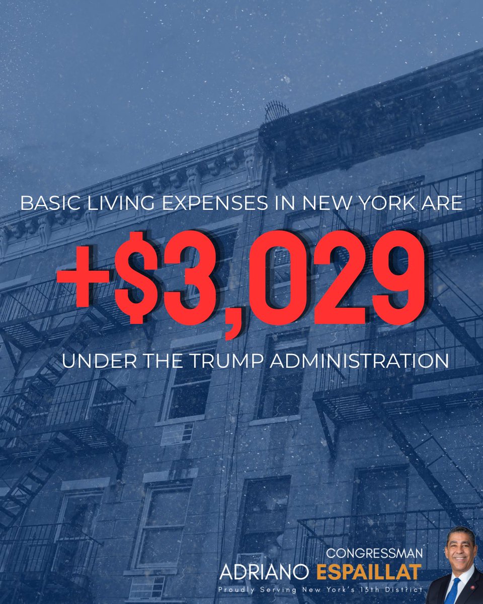 RepEspaillat's tweet photo. Families across New York are paying more for the essentials they rely on every day. Under the Trump administration, the cost of basic living expenses has increased by $3,029, putting an even greater strain on working families, seniors, and small businesses.

New Yorkers deserve an economy that lowers costs—not one that makes it harder to make ends meet.
