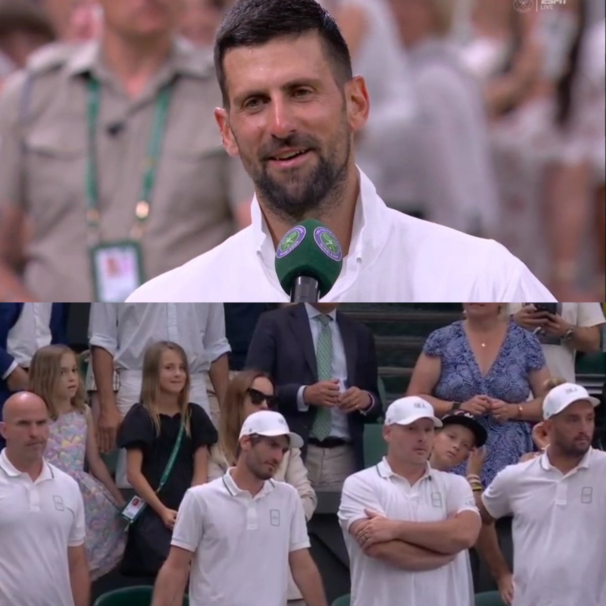 TheTennisLetter's tweet photo. Novak Djokovic after reaching his 8th consecutive Wimbledon semifinal:

"I was telling the kids to go to sleep after the 4th but they didn't listen 😂

I'm glad they stayed because it was honestly one of the best matches I've been a part of on this court in my career." 🥹 https://t.co/NPFhiREh7A