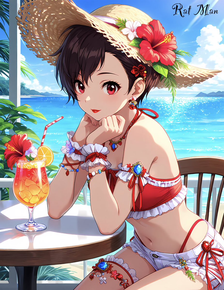 アニメ風 赤い水着のイラスト ⚠️シャドウ🍞継続中❗️(上乗せチャンスゾーン中🤤) おはようござい