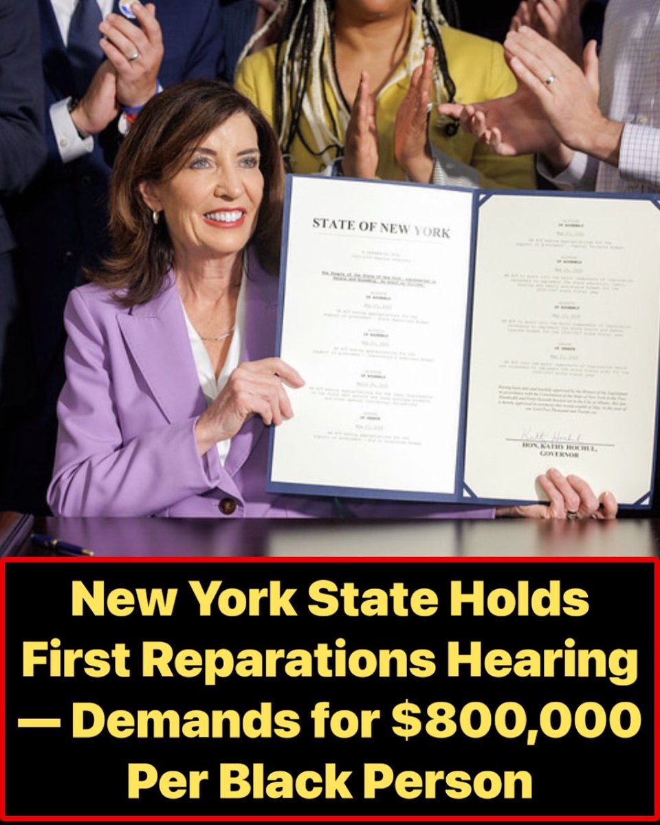 w_terrence's tweet photo. New York State Holds First Reparations Hearing — Demands for $800,000 Per Black Person.

The New York State Community Commission on Reparations Remedies held a public hearing in Harlem.
Key demands from attendees:

•  Aubrey Muhammud: “We need $800,000 for each foundational Black American.”
•  Proposals for a new “Freedmen’s Bureau” or central bank for Black America.
•  Calls for cash payments plus addressing education, redlining, policing, and more.