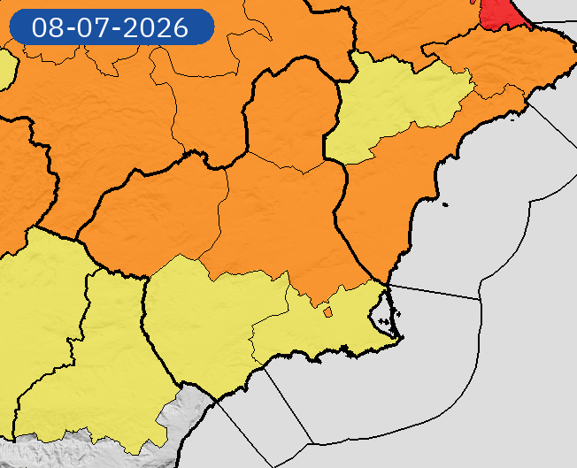 AEMET_Murcia's tweet photo. 08/07 00:07 AVISOS HOY Y MAÑANA | Región de Murcia: temperaturas máximas. Nivel máximo de aviso: naranja.
Actualizaciones en https://t.co/gQDupQ393c https://t.co/KeKb9bb9s1