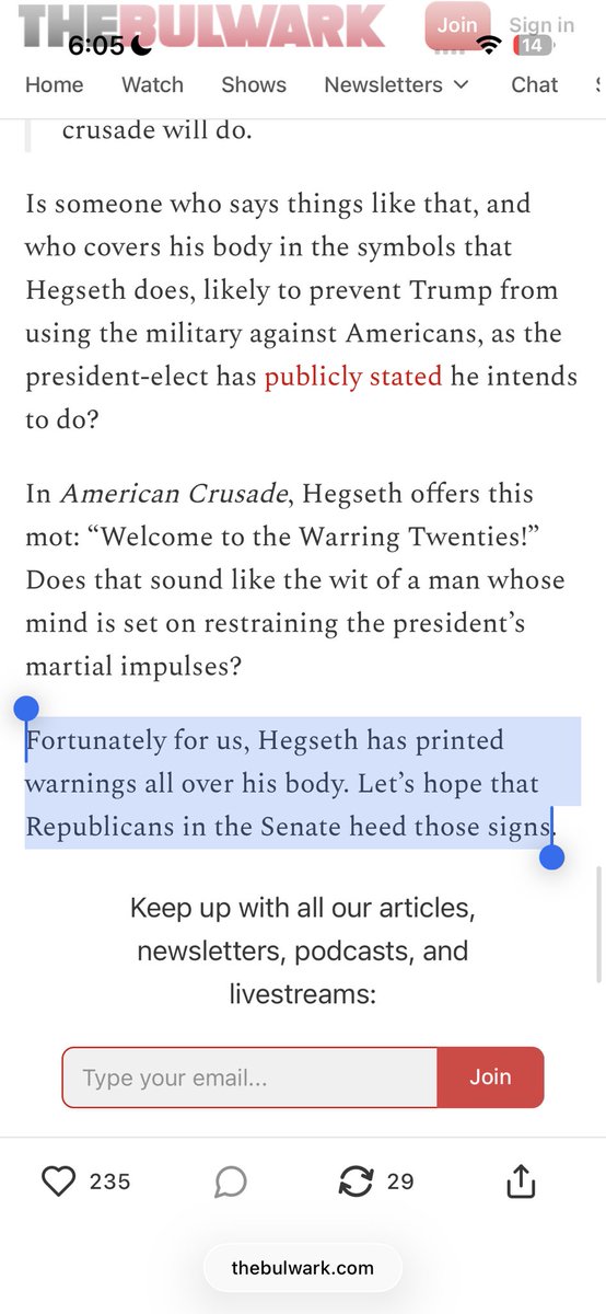 megbasham's tweet photo. Can we just note this—The Bulwark and the New York Times heavily implied that Pete Hegseth’s tattoos that had nothing to do with being a Nazi were a massive red flag while Graham Platner’s actual Nazi tattoo was no big deal.

They ran interference for a man who had at one point so embraced Nazi ideology that he permanently marked his body with their most extreme symbol while at the same time heavily implying that a man who has never had anything to do with Nazis and roundly condemns them was guilty of white supremacy because of vibes.

The hypocrisy would be insane if it weren’t so predictable.