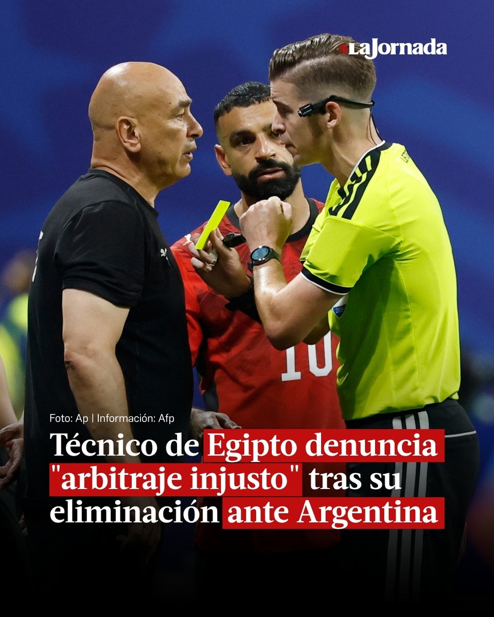 lajornadaonline's tweet photo. El director técnico de Egipto, Hossam Hassan, denunció un arbitraje injusto tras la eliminación de su equipo frente a Argentina en octavos de final del Mundial, y aseguró que su selección mereció llevarse la victoria pese a la derrota 3-2 en Atlanta. https://t.co/AXScKeuGq4