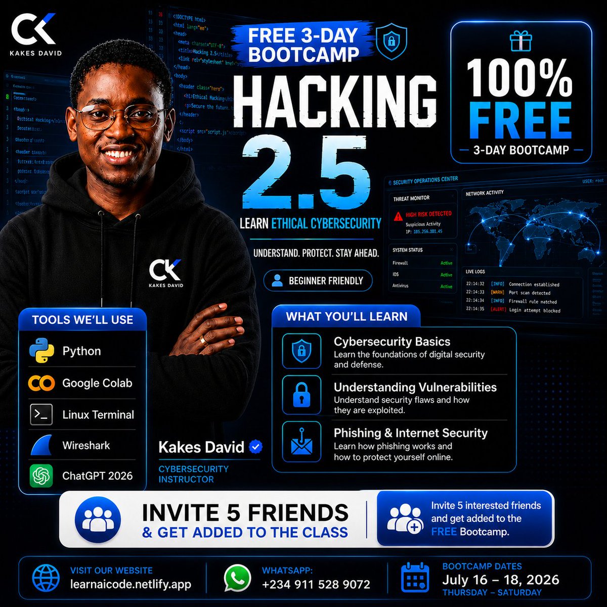codewithkakes's tweet photo. https://t.co/BvoUXq5NEl Join My Free Cyber Security Bootcamp online.. https://t.co/7wkyD2bj7u