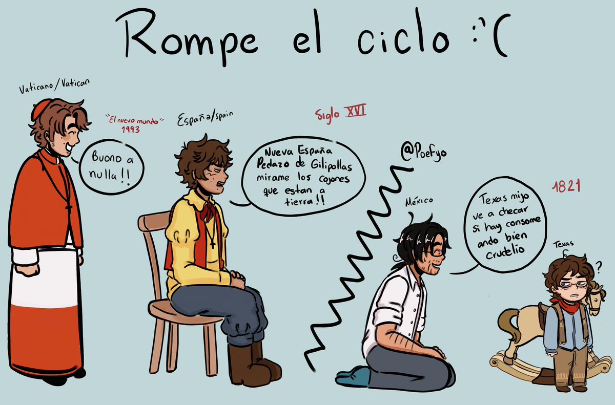 Poefyo's tweet photo. No sé si esto es una clase de historia a medias pero intenté justificar el chiste con sucesos históricos reales, el diseño de mini Texas fue renovado gracias a: @files_jpeg tqm bro
#hetalia #mexico #aph #countryhumans #mexicoaph #spainaph https://t.co/rAnt6wadbx