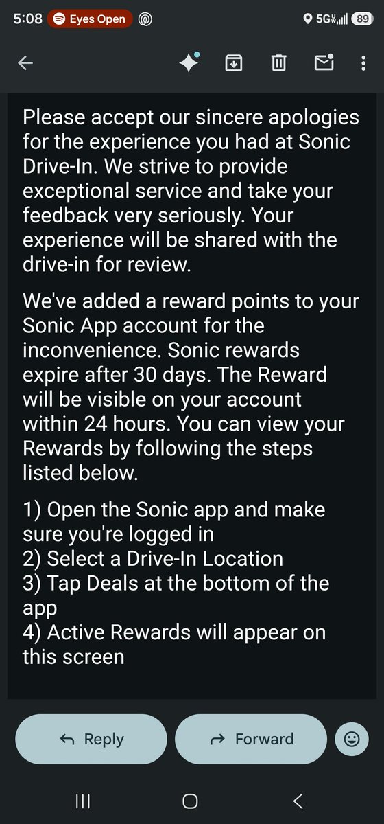 LoveWasSweet's tweet photo. I don't want my money back anymore. I just want to put this out for other people so they know the customer service @sonicdrivein has. They gave me "points" to an account I don't have. Told them as such, their response was the amount of points rather than my actual issue. Thanks! https://t.co/ie5EOXJgvO