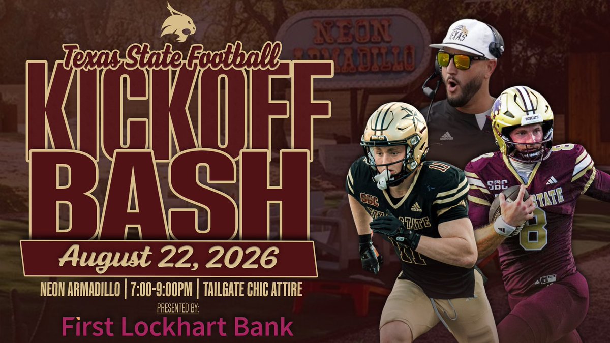 TXSTBobcatClub's tweet photo. The countdown to kickoff starts here! 🏈

Get up close with Texas State Football at the Kickoff Bash on August 22! Meet members of the team and staff, grab autographs, connect with fellow Bobcats, and get ready for an unforgettable season!

🎟️ Individual tickets, tables, and sponsorships are on sale now. 

🔗 https://t.co/kXiLHO8UW4

#EatEmUp