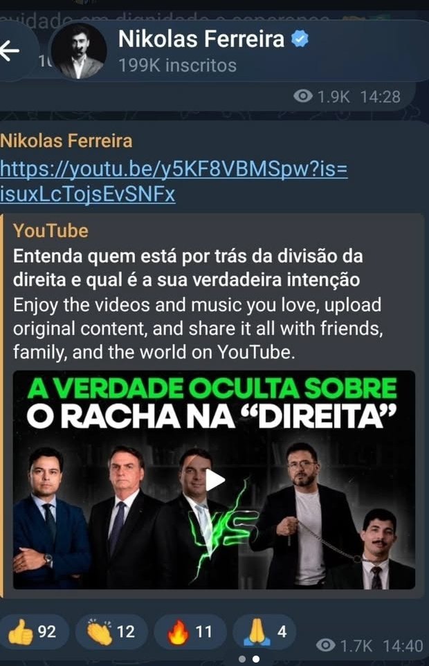 JunitoMBL's tweet photo. Nikolas Ferreira compartilhando video do Chiquini chamando Kim Paim de Satanista e infiltrado do Breno Altman.

Nik experimentando a perda de popularidade pela primeira vez e entrando em parafuso. Começou a dar sinais pra campanha do Flávio depois que viu que deu ruim pra Michelle mas continua o plano de roubar a liderança do bolsonarismo dos filhos do mito.