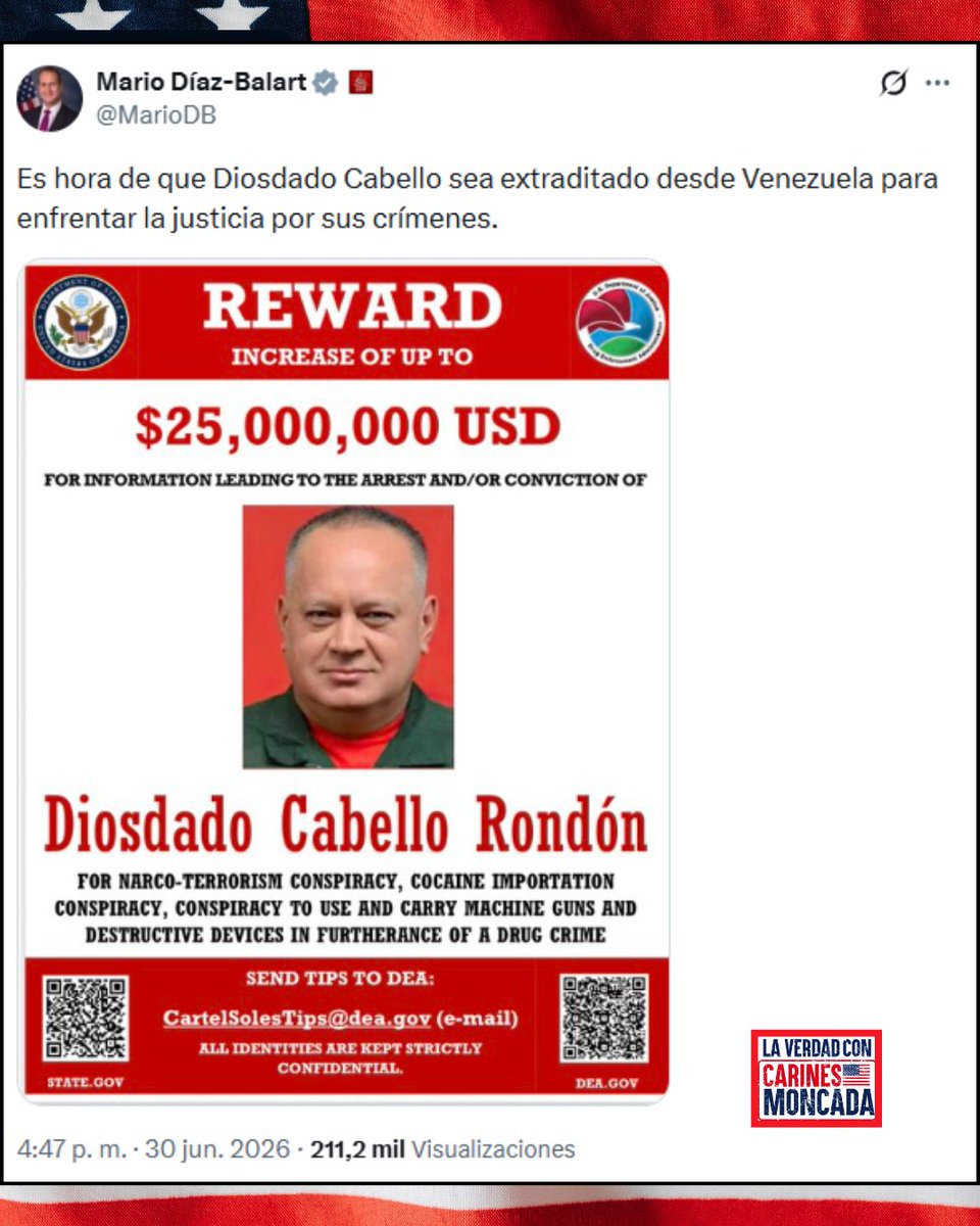 CarinesMoncada's tweet photo. 🇻🇪🇺🇸 | El congresista republicano Mario Díaz‑Balart  volvió a señalar a Diosdado Cabello y pidió que sea extraditado desde Venezuela para responder ante la justicia por los delitos que se le imputan, un reclamo que difundió públicamente en su cuenta de X.

Su comentario se dio en medio de críticas por la gestión del régimen tras los sismos que afectaron al país. Sobre Cabello pesan acusaciones de narcotráfico y una recompensa de 25 millones de dólares.

La  presión política desde ciertos sectores de Estados Unidos contra altos cargos del chavismo no para. Mas pronto que tarde Diosdado pagará por sus crímenes... ¡que se vea en el reflejo de Maduro!