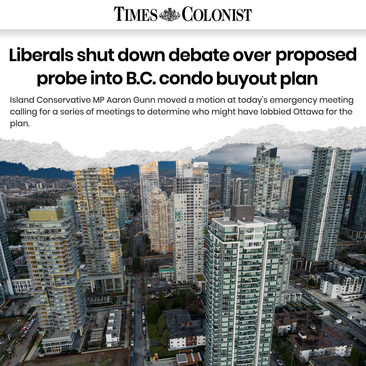AaronGunn's tweet photo. If the Liberals and NDP wanted to bail out billionaire condo developers using taxpayer money, they should have campaigned on that promise during the last election.

This announcement raises serious ethical questions, all of which are only exacerbated by Liberal efforts to shut down the investigative work of the Ethics Committee.

Where did this idea come from? Who lobbied the government for it?

And which developers, big banks and foreign investors stand to benefit the most?

Despite this attempted Liberal cover-up, we won't stop fighting for answers on behalf of all Canadians.