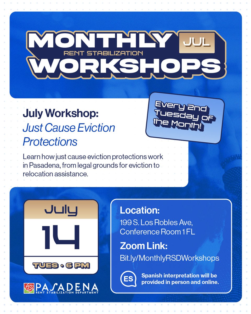PasadenaRSD's tweet photo. Learn about Just Cause Eviction Protections in Pasadena at the Rent Stabilization Department's free workshop on Tuesday, July 14, at 6 p.m. Join us in person at 199 S. Los Robles Ave. or online via Zoom at https://t.co/IQsIX8h4Vr. 

Learn more at https://t.co/WJTjjje6CT. https://t.co/pwDo8sthJP
