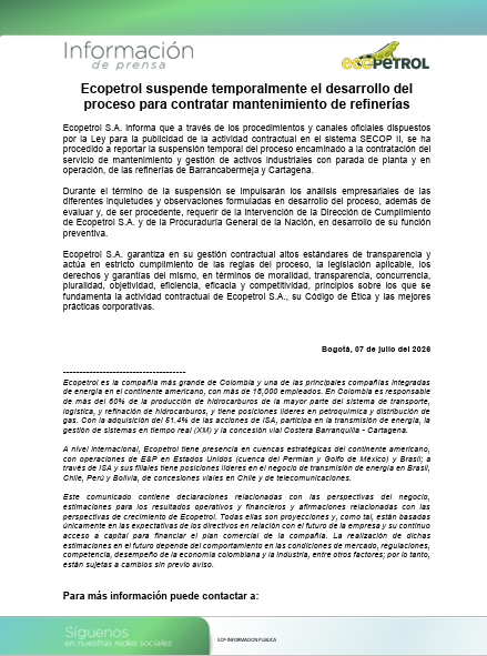 NoticiasRCN's tweet photo. #Noticia | Ecopetrol suspende temporalmente el desarrollo del proceso para contratar mantenimiento de refinerías. https://t.co/ta97gVjwq2