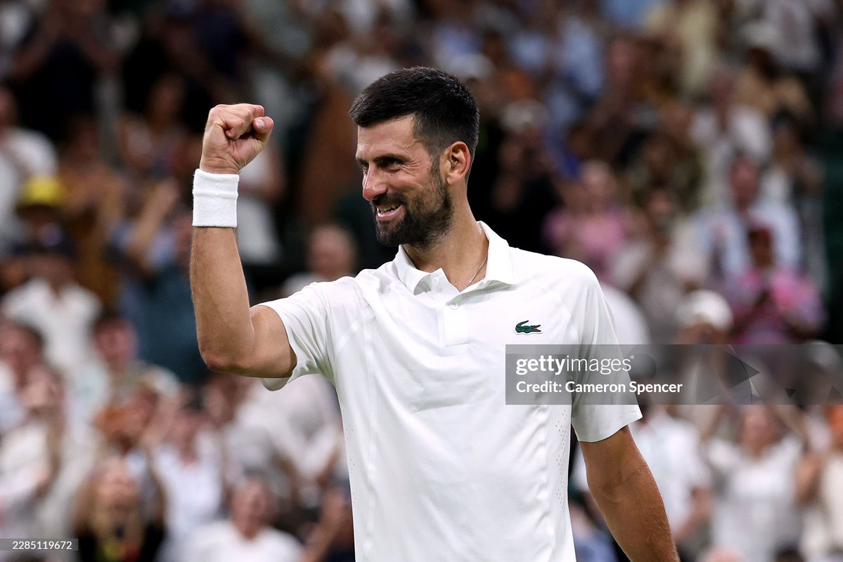 GettySport's tweet photo. In a 5-hour, 5-set marathon, Novak Djokovic beats Felix Auger-Aliassime 7-6, 3-6, 6-3, 6-7, 7-6 to reach his 8th consecutive Semifinals at #Wimbledon
📸: Matthias Hangst, Cameron Spencer #djoker https://t.co/OPJnWosjPe
