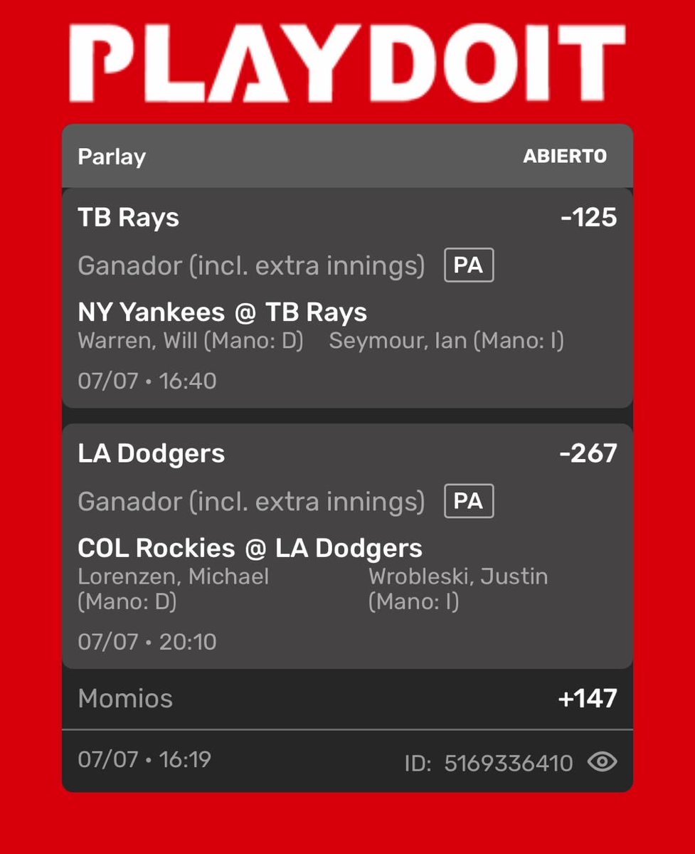 RafaPickss's tweet photo. 🔥 Dos equipos con buenas oportunidades para sacar la victoria y cerrar el día en verde.🍀🍀
#MLB #Parlay #ApuestasDeportivas #SportsBetting #PlayDoit #PickDelDía https://t.co/iKobrCxz4e