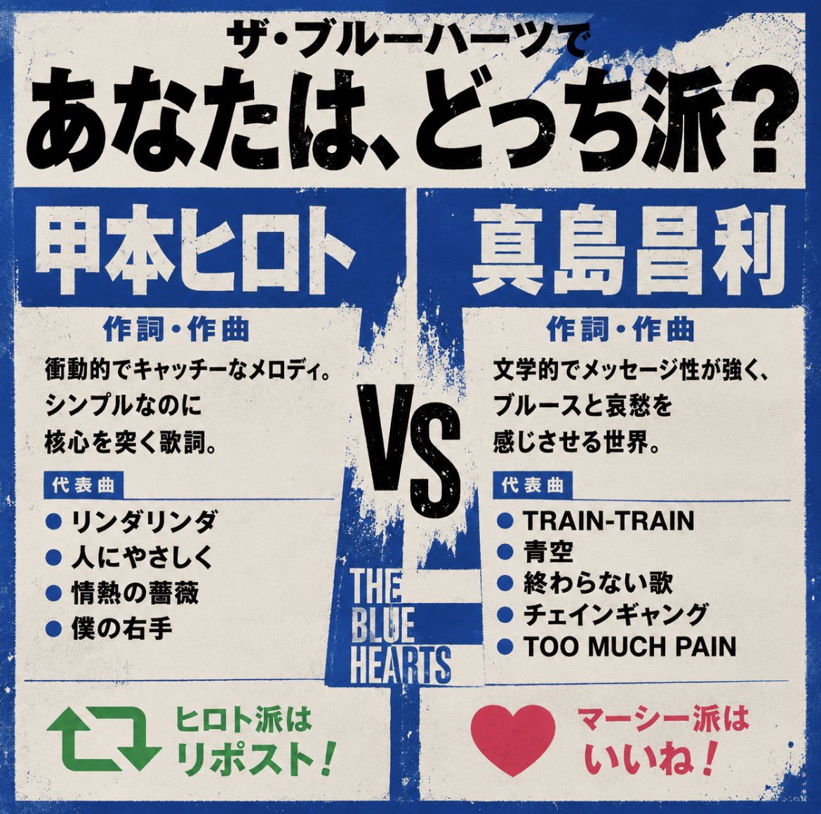 grate_dragon's tweet photo. ザ・ブルーハーツで、あなたはどっち派

ヒロト派？

マーシー派？

実は同じバンドなのに、
曲の世界観は驚くほど違います。

あなたはどっちに心を動かされま���か？

#甲本ヒロト　#真島昌利

↓続く https://t.co/KcyceBBPFI