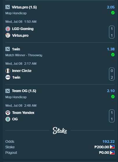 arcadotes's tweet photo. Sayang ka aybol! 192odds 11/12 parloy. 2h tamang 32k sana HAHAHA. fk XG Gaming! Ame sadboy #dota2 #stake https://t.co/ASGfAKThUi