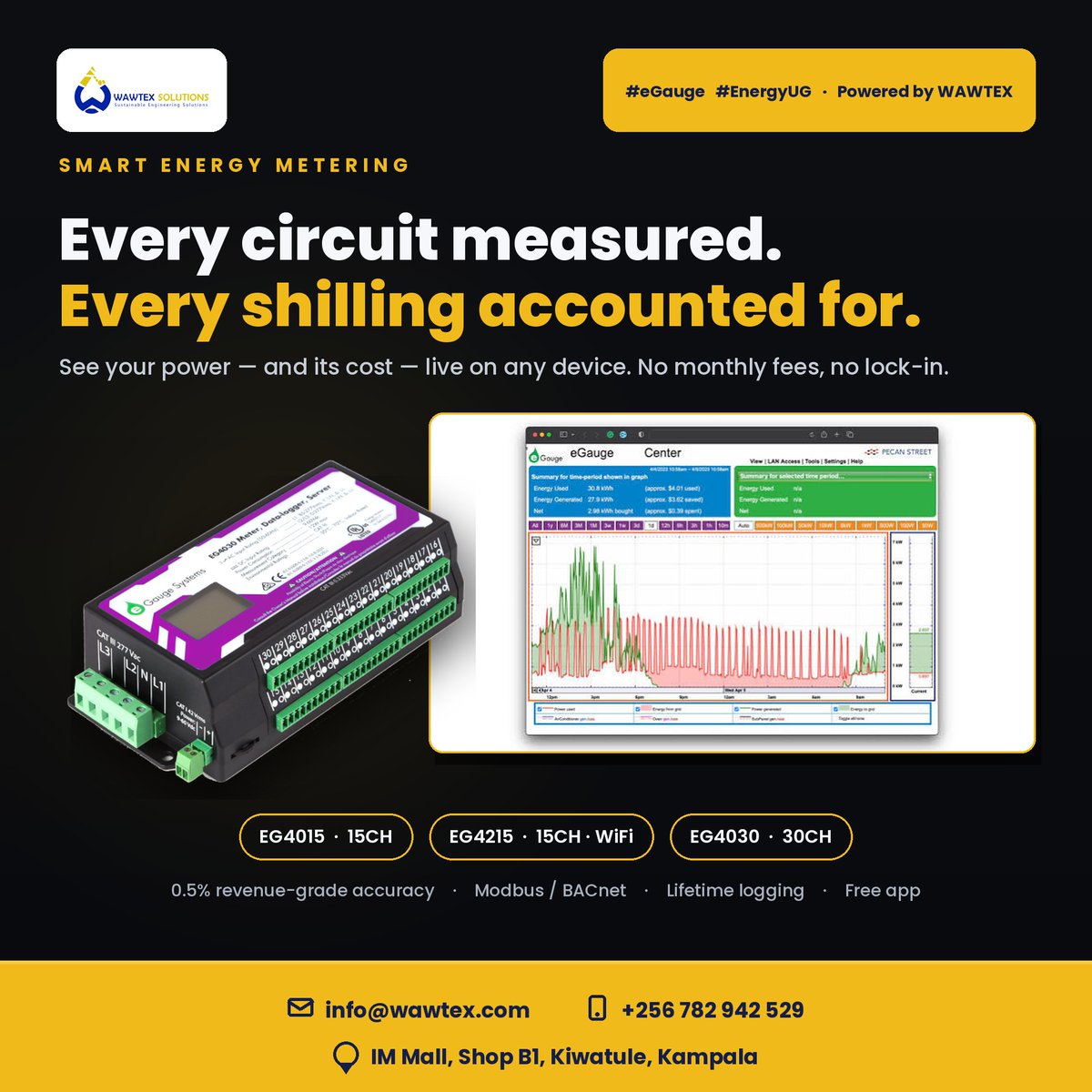 wawtexsolutions's tweet photo. Know exactly where your power goes ⚡
The eGauge meters up to 30 circuits at 0.5% accuracy — live on your phone, no monthly fees.
Get yours from WAWTEX Solutions, Kampala.
📧 info@wawtex.com
#EnergyUG #Wawtpulse #Kampala https://t.co/3nbB7tRgur