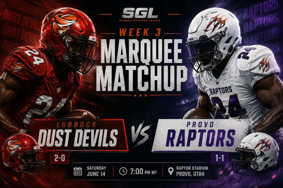 SGLFootball's tweet photo. 🏈 SGL WEEK 3 MARQUEE MATCHUP 🏈

Can the Dust Devils stay unbeaten, or will the Raptors defend home turf and hand Lubbock its first loss?

📍Raptor Stadium | Provo, Utah
🗓️ Saturday
🕖 7:00 PM MT

#SGL #SummerGridironLeague #Week3 #MarqueeMatchup #Football https://t.co/PcJ7V5O5xH