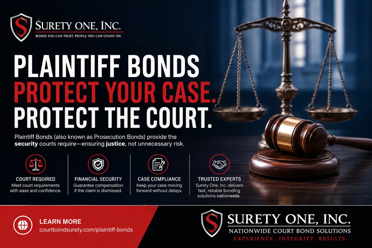 CourtBondSurety's tweet photo. The bond clock on a plaintif runs in hours, not days. We write every bond — TRO, injunction, attachment, replevin, garnishment — in every U.S. court, same-day. FRCP 64/65(c) fluency, 1–3% premium ⚖️
https://t.co/ouB2gjV84B
☎ (800) 373-2804
#PlaintiffBond #CourtBonds #suretybonds https://t.co/ORpaZMKQHP