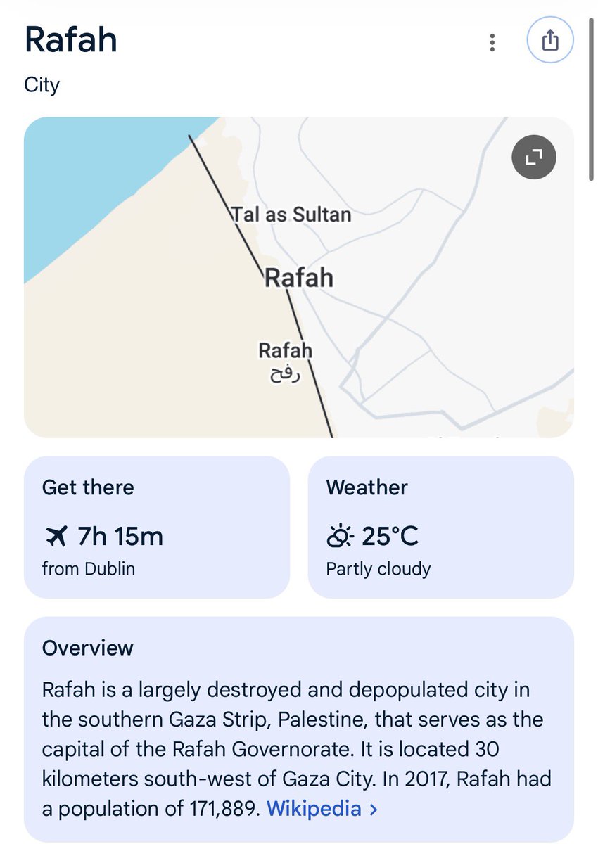 dlLambo's tweet photo. The Wikipedia entry for Rafah, a city bigger than Limerick, is now in the past tense.

It is gone. Not a single building left intact. 

An entire city erased by Israel. 

They are the Nazis of today. https://t.co/fIMvKt6e2u