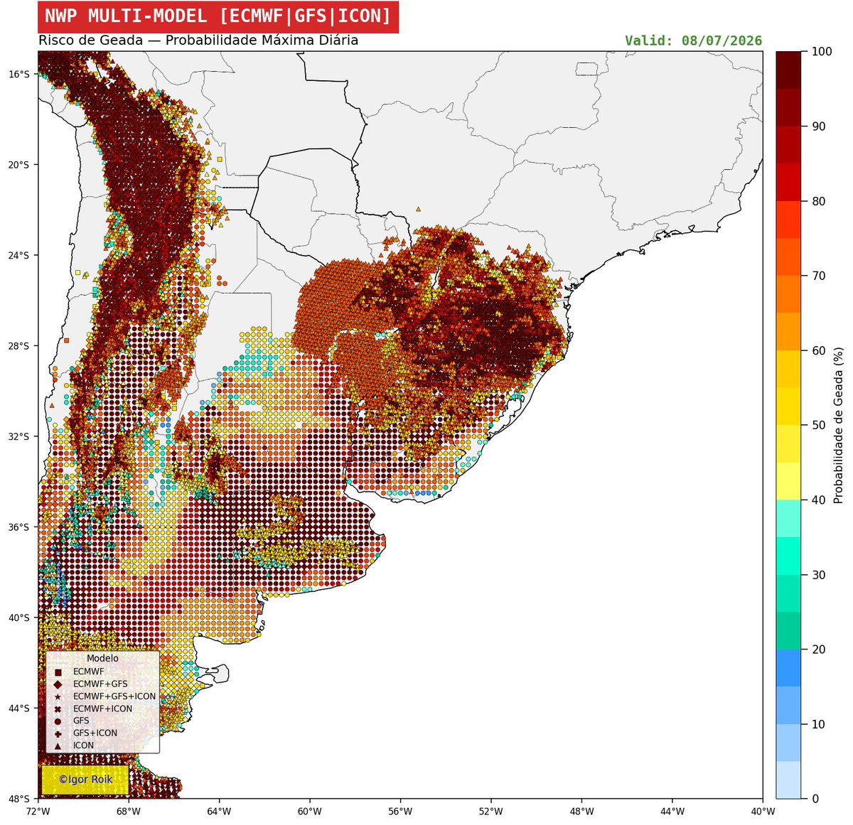 Igor__Roik's tweet photo. Risco de #geada se amplia no sul do Brasil nesta quarta-feira com avanço da massa de ar polar. 
Risco em áreas do sudeste e também no Paraguai. 
Dados Multi Modelo. https://t.co/UwSyJUp7HA