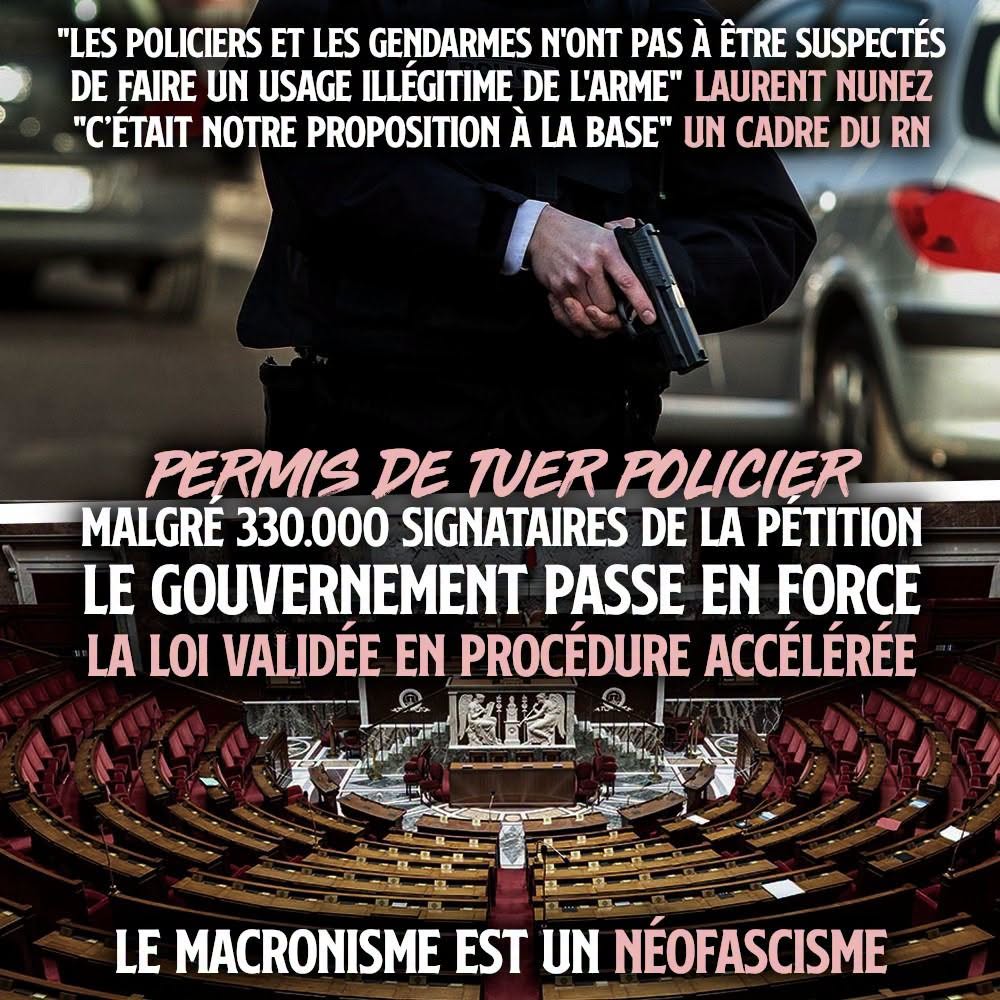 ContreAttaque_'s tweet photo. «PERMIS DE TUER» POUR LES POLICIERS, LA LOI VALIDÉE EN URGENCE À L'ASSEMBLÉE

– Les 330.000 signataires de la pétition et les mobilisations ignorées : le clan illégitime qui dirige la France passe encore en force –

Notre article à lire ici : https://t.co/Hg8am7KWv5 https://t.co/XhCN9PNxDq