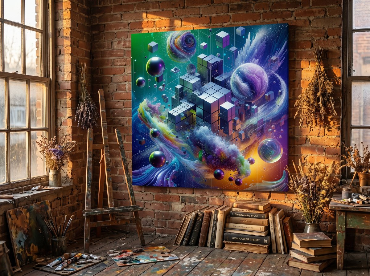 Scattercrate's tweet photo. VOXEL: cosmic pixels colliding on canvas. A little chaos, a lot of color. New at https://t.co/ka49PsatVt #AbstractArt #WallDecor https://t.co/vFpbsJTkx5