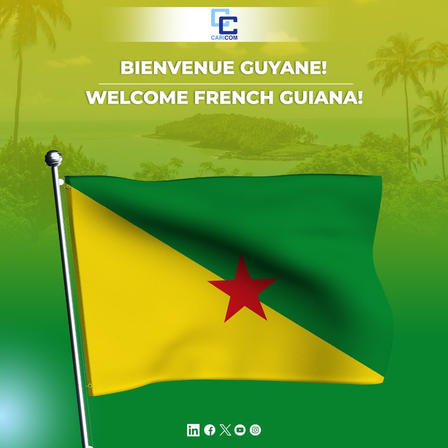 SG_CARICOM's tweet photo. Effective today, 7 July, French Guiana is an Associate Member of #CARICOM https://t.co/EAi6GLPzXB
