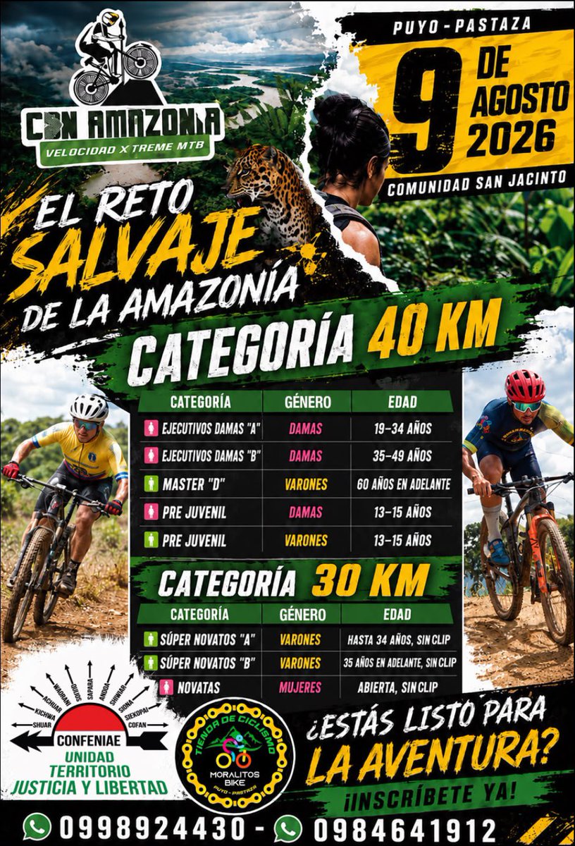 confeniae1's tweet photo. 📢 ¡Nos complace informarles que ya contamos con las categorías para este espectacular evento: El Reto Salvaje de la Amazonía – CON AMAZONÍA EXTREMA MTB 2026!

𝗜𝗻𝘀𝗰𝗿𝗶́𝗯𝗲𝘁𝗲 𝘆𝗮! https://t.co/blmvVdfSSt

📲Info e inscripciones:
𝟬𝟵𝟵𝟴𝟵𝟮𝟰𝟰𝟯𝟬 – 𝟬𝟵𝟴𝟰𝟲𝟰𝟭𝟵𝟭𝟮 https://t.co/fvaEWtQDB3